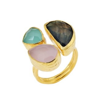 Ring made from brass, goldplated, with Labradorite/aqua Chalcedony/Rosequartz